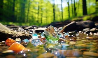 ai generado congelado agua en el bosque con hielo cubitos y guijarros temprano primavera paisaje foto