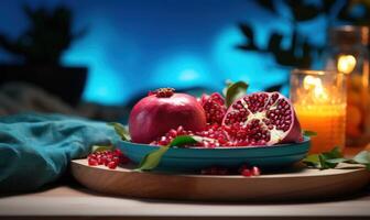 AI generated Ripe pomegranate fruit with green leaves and burning candle photo