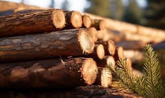 AI generated Wooden logs in the forest, close-up. Natural background photo