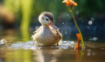 ai generado anadón nadando en el lago con agua gotas en el antecedentes foto