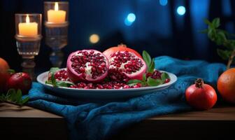 AI generated Hot chocolate with pomegranate and marshmallows on wooden background. photo