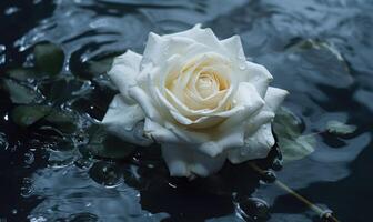 AI generated White rose with water drops on dark background. Water splash with water drops. photo