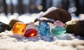 AI generated Colorful stones in the snow on the shore of the lake. photo