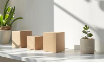 AI generated Set of cardboard boxes on a white table. Mockup. Delivery concept background. photo