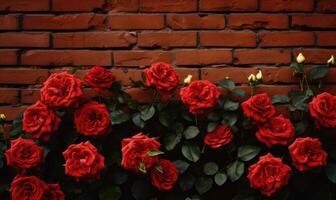 AI generated Red roses on a brick wall background with copy space for text photo