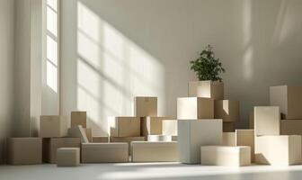 AI generated Stack of cardboard boxes in white room with sunlight. Space for text. Box mockup on white photo