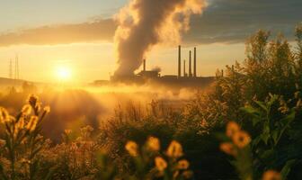 AI generated Industrial landscape with smokestack at sunrise. Energy generation and heavy industry photo