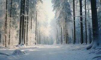 AI generated Beautiful winter landscape with snow covered trees in forest at sunrise. photo