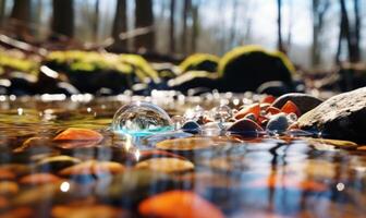 ai generado congelado agua en el bosque con hielo cubitos y guijarros temprano primavera paisaje foto