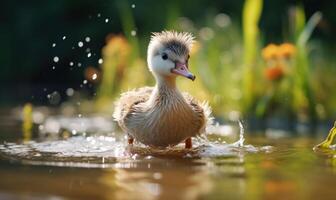 ai generado pequeño anadón nadando en el agua en un soleado verano día. foto