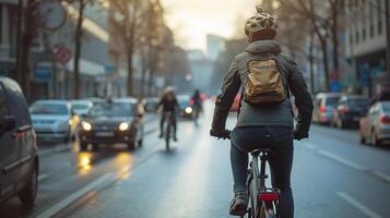 ai generado bicicleta conmutar en el ciudad, viajero diario al trabajo en un bicicleta navegando mediante ciudad tráfico, antecedentes imagen, generativo ai foto