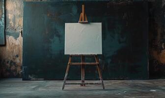AI generated Wooden easel with blank canvas standing near black wall, mockup photo