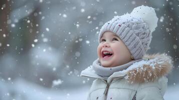 ai generado retrato de un blanco niñito niña riendo ruidosamente en contra invierno atmósfera fondo, antecedentes imagen, generativo ai foto