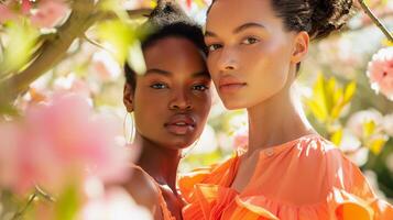 AI generated Spring Fashion Shoot, showcase spring fashion with models in light, background image, generative AI photo