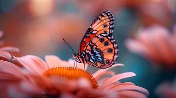 AI generated Butterfly resting on a vibrant flower, background image, generative AI photo