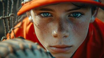 ai generado retrato de un joven blanco masculino vistiendo béisbol jugador uniforme en acción, antecedentes imagen, ai generado foto