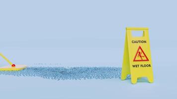 Clean wet areas with a mop and wet floor caution plastic sign isolated on blue background. warning caution slippery symbol, 3d render illustration video