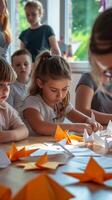 AI generated Origami Workshop, people of all ages engaging in an origami workshop, background image, generative AI photo