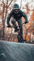 ai generado bmx trucos, suave atención lente, bmx jinete ejecutando trucos en un Parque de patinaje o urbano configuración, antecedentes imagen, generativo ai foto