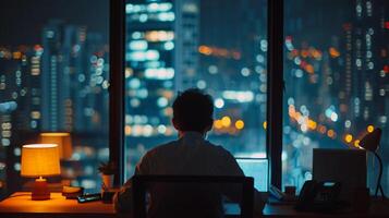AI generated After-Hours Work, soft focus lens, Illustrate a dedicated employee working late at the office, background image, generative AI photo