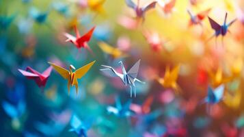 AI generated Paper Crane Cascade, background image, generative AI photo