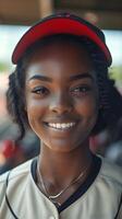 AI generated Portrait of a smiling black female in baseball player uniform, background image, AI generated photo