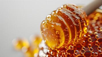 AI generated Close-up portrait of a honey bottle against white background, background image, AI generated photo