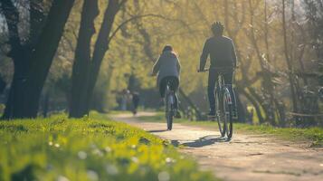 ai generado renovado al aire libre actividades, personas atractivo en al aire libre ocupaciones me gusta andar en bicicleta, senderismo, o jugando Deportes en el agradable primavera clima, antecedentes imagen, generativo ai foto