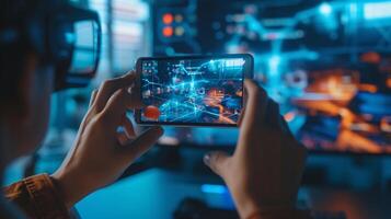 AI generated Augmented Reality Gaming, illustrate a person playing an augmented reality game, background image, generative AI photo