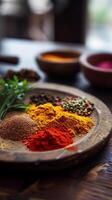 AI generated Spice Palette, artistic arrangement of various spices in small bowls or containers, background image, generative AI photo