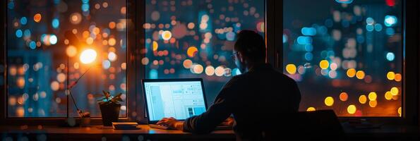 AI generated After-Hours Work, soft focus lens, Illustrate a dedicated employee working late at the office, background image, generative AI photo