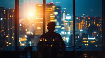 AI generated After-Hours Work, soft focus lens, Illustrate a dedicated employee working late at the office, background image, generative AI photo