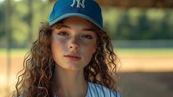 AI generated Portrait of a curly hair white female in baseball player uniform, background image, AI generated photo