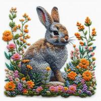 AI generated Easter bunny, bright colored embroidery style, background image, generative AI photo