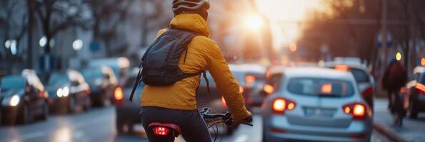 ai generado bicicleta conmutar en el ciudad, viajero diario al trabajo en un bicicleta navegando mediante ciudad tráfico, antecedentes imagen, generativo ai foto