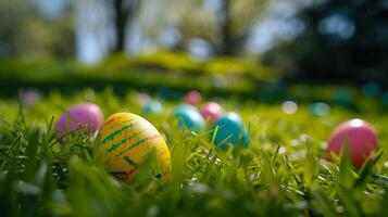 AI generated Easter Egg Hunt, background image, generative AI photo