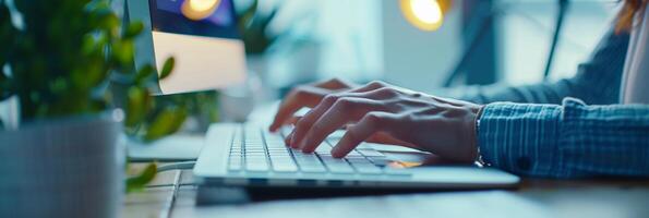 AI generated Zoom in on a person's hands typing on a keyboard, background image, generative AI photo