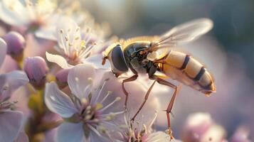 AI generated Hoverfly resting on a flower, background image, generative AI photo