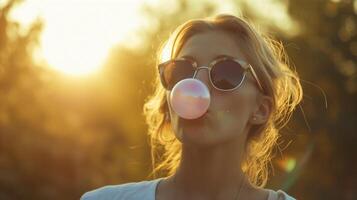 ai generado retrato de un joven blanco hembra vistiendo Gafas de sol soplo burbuja chicle, antecedentes imagen, generativo ai foto