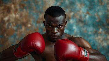 ai generado retrato de un negro masculino Boxer en acción en contra texturizado antecedentes con espacio para texto, antecedentes imagen, ai generado foto