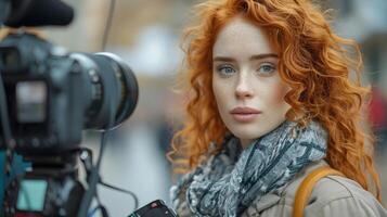 AI generated Portrait of a red curly hair white female reporter in action, background image, AI generated photo