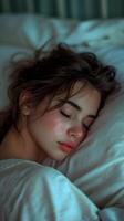 AI generated Portrait of a young white female sleeping sick in a hospital bed with a pained face, background image, AI generated photo