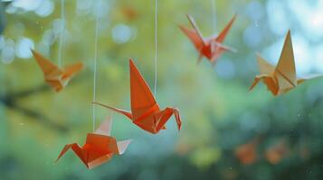 AI generated Origami Mobile, mobile composed of delicate origami creations, background image, generative AI photo