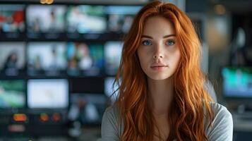 AI generated Portrait of a red-haired woman anchoring news on TV, background image, AI generated photo