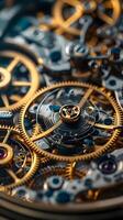 AI generated Close-up image that highlights the elegance of vintage watch gears, background image, AI generated photo