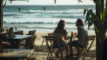 ai generado costero café fecha, Pareja o amigos sentado a un junto a la playa cafetería, antecedentes imagen, generativo ai foto