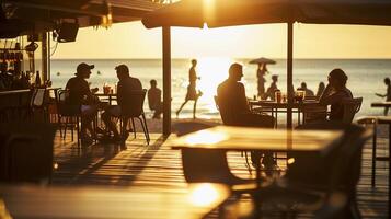 AI generated Beachside cafe scene during sunset, background image, generative AI photo