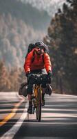 AI generated Bike Touring Adventure, cyclist loaded with touring gear, background image, generative AI photo