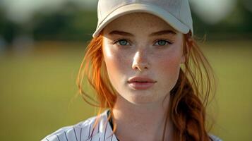 ai generado retrato de un rojo pelo blanco hembra en béisbol jugador uniforme, antecedentes imagen, ai generado foto