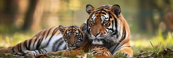 AI generated Portrait of a male tiger with a little tiger cub, background image, generative AI photo